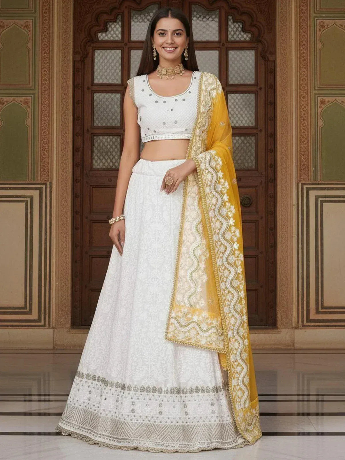Tulsi Art Mesmerizing White Sequins Georgette Bollywood Lehenga Choli With Dupatta | Grocsy