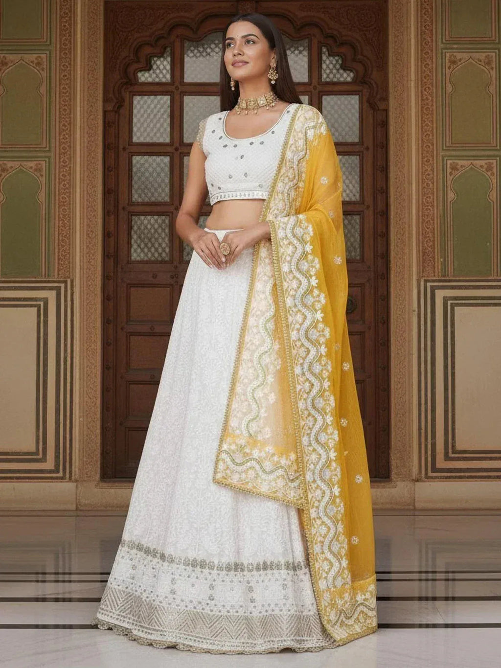 Tulsi Art Mesmerizing White Sequins Georgette Bollywood Lehenga Choli With Dupatta | Grocsy