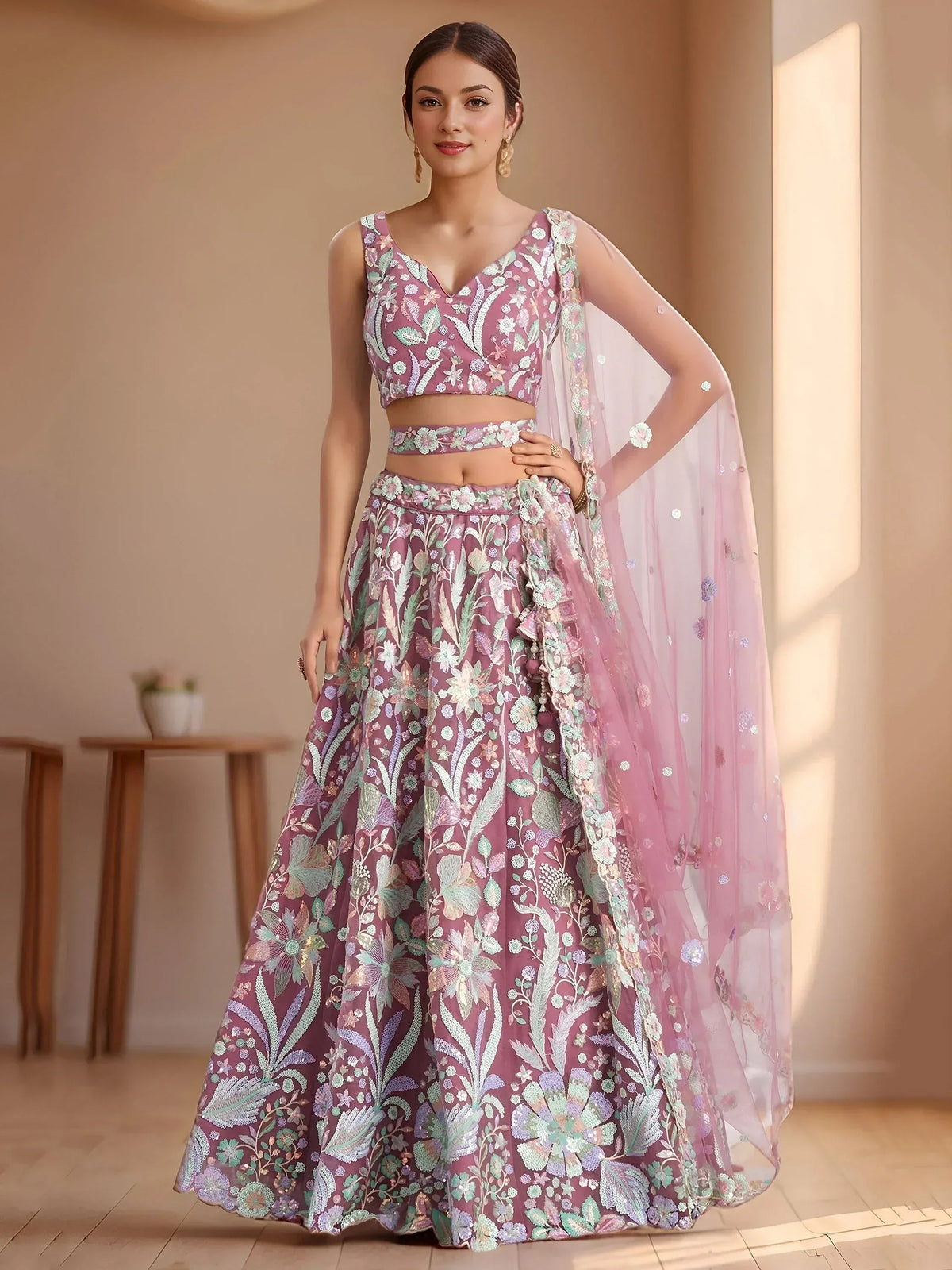 Tulsi Art Attractive Pink Sequins Net Designer Lehenga Choli With Dupatta | Grocsy
