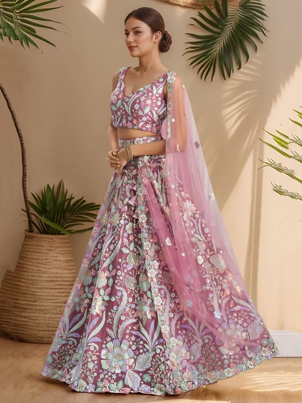 Tulsi Art Attractive Pink Sequins Net Designer Lehenga Choli With Dupatta | Grocsy