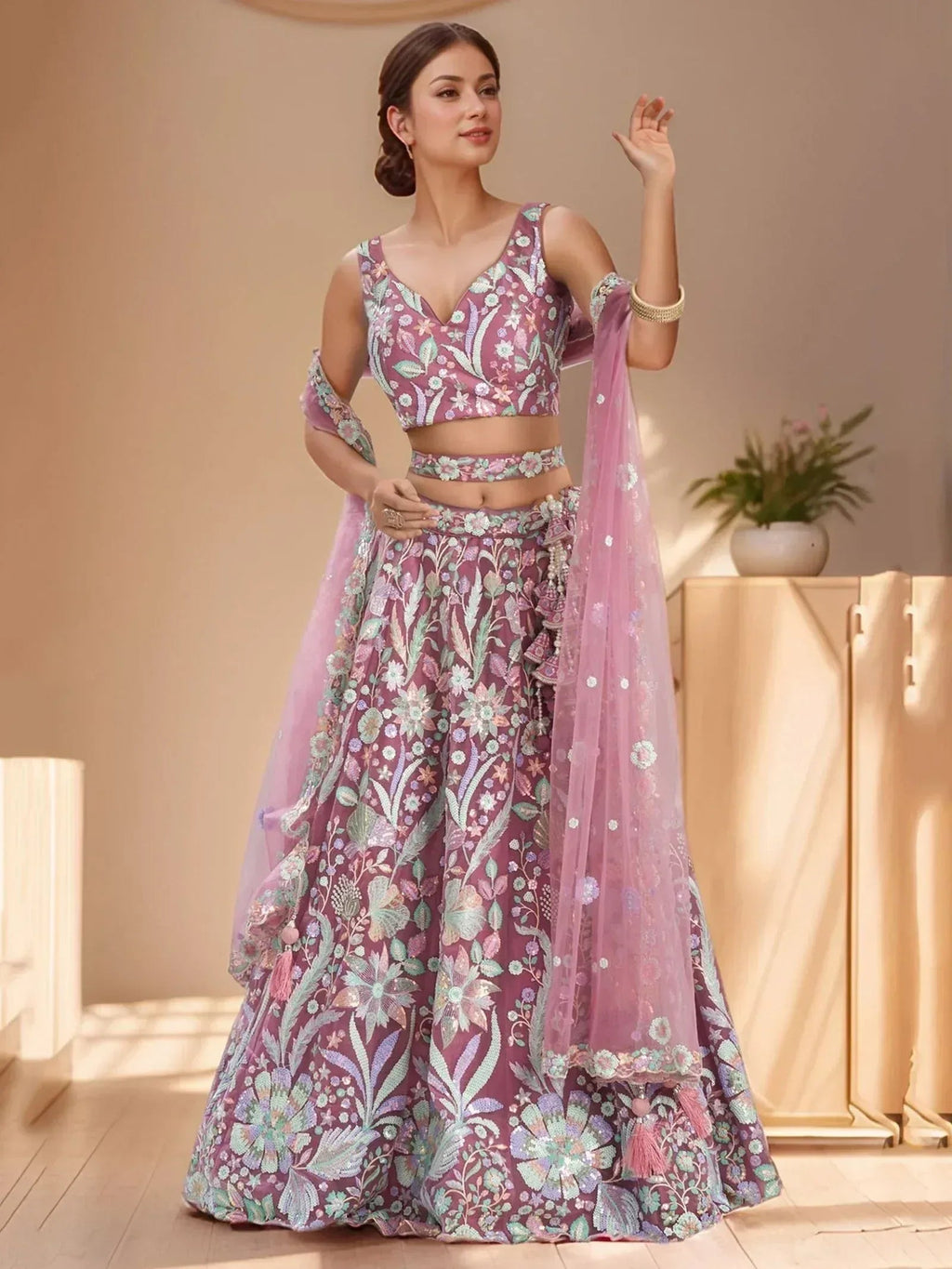 Tulsi Art Attractive Pink Sequins Net Designer Lehenga Choli With Dupatta | Grocsy