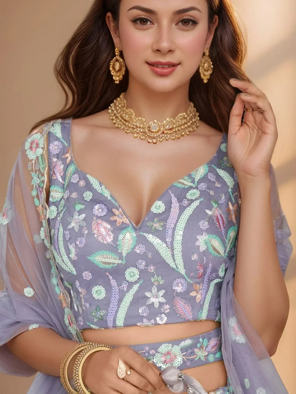 Tulsi Art Astonishing Lavender Embroidered Net Designer Lehenga Choli With Dupatta | Grocsy