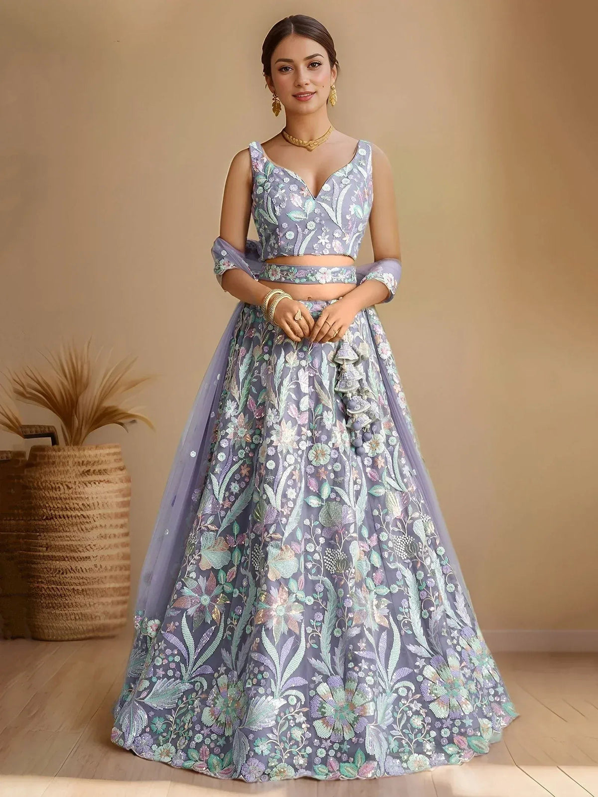 Tulsi Art Astonishing Lavender Embroidered Net Designer Lehenga Choli With Dupatta | Grocsy