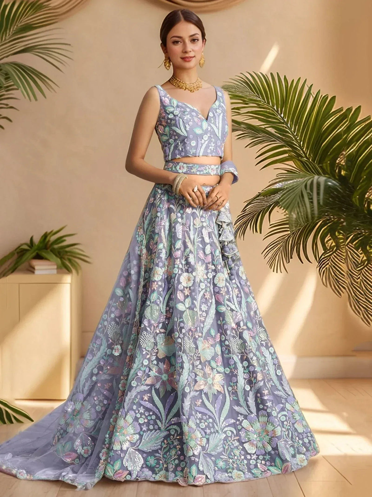 Tulsi Art Astonishing Lavender Embroidered Net Designer Lehenga Choli With Dupatta | Grocsy