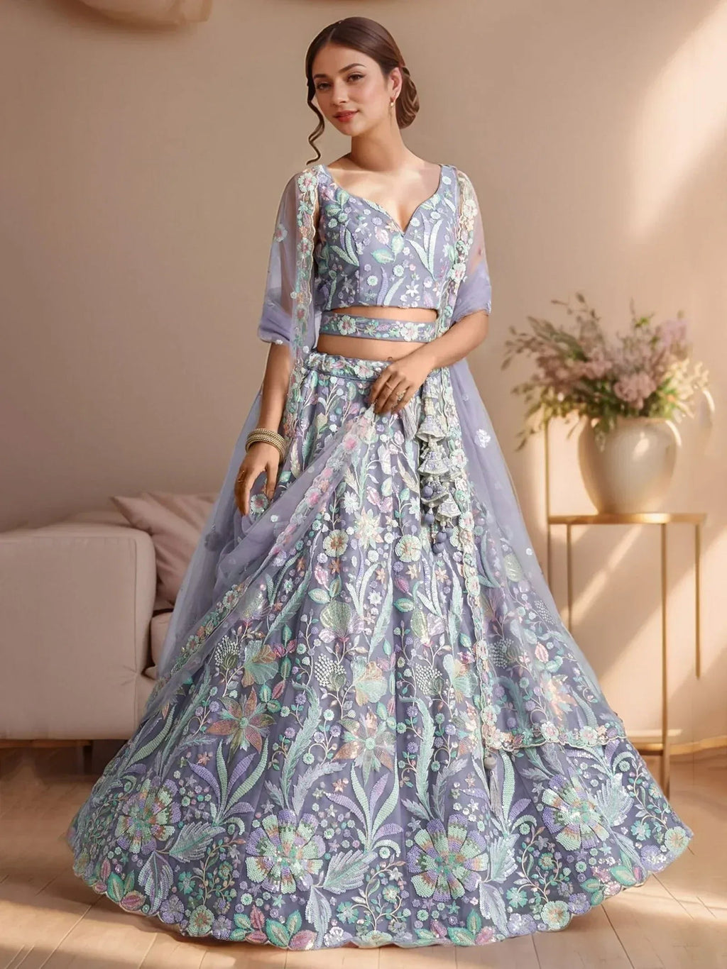Tulsi Art Astonishing Lavender Embroidered Net Designer Lehenga Choli With Dupatta | Grocsy