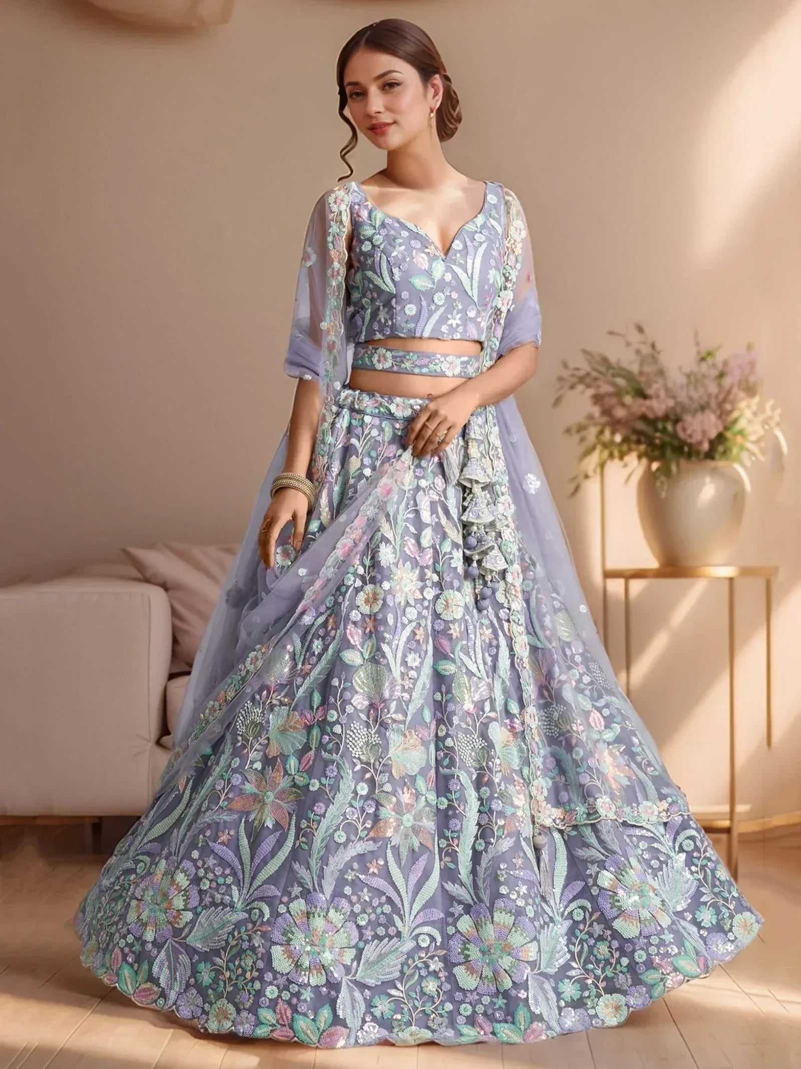 Tulsi Art Astonishing Lavender Embroidered Net Designer Lehenga Choli With Dupatta | Grocsy