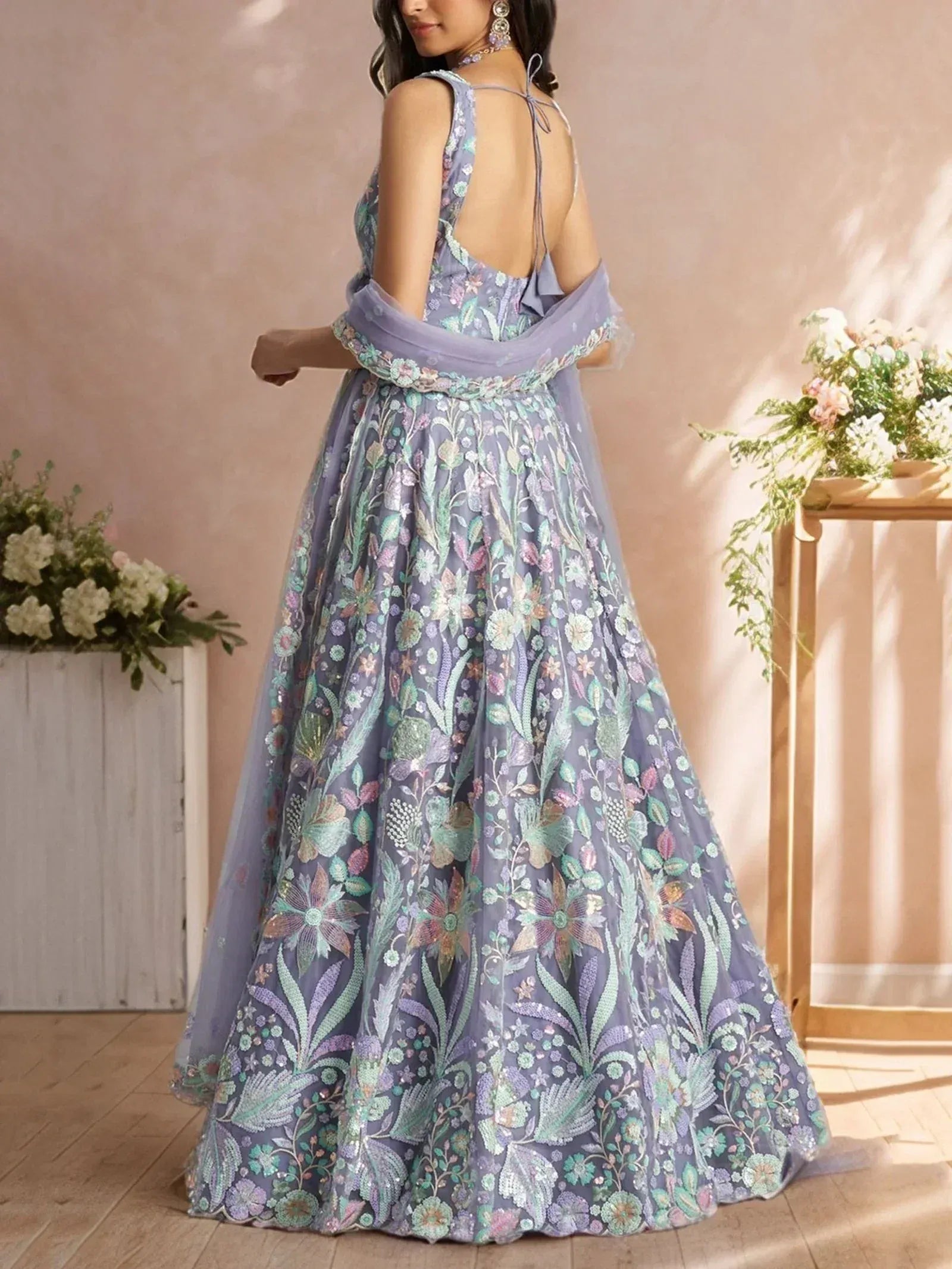 Tulsi Art Astonishing Lavender Embroidered Net Designer Lehenga Choli With Dupatta | Grocsy