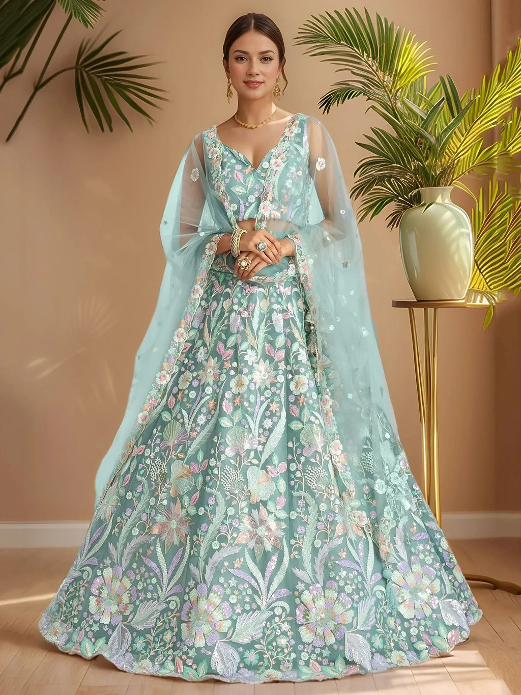 Tulsi Art Dazzling Sky-Blue Sequins Net Engagement Wear Lehenga Choli | Grocsy