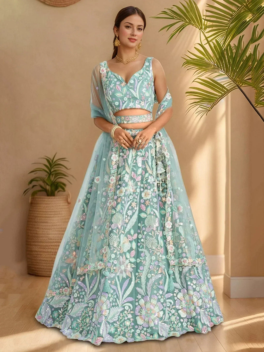 Tulsi Art Dazzling Sky-Blue Sequins Net Engagement Wear Lehenga Choli | Grocsy
