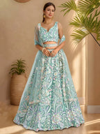 Tulsi Art Dazzling Sky-Blue Sequins Net Engagement Wear Lehenga Choli | Grocsy