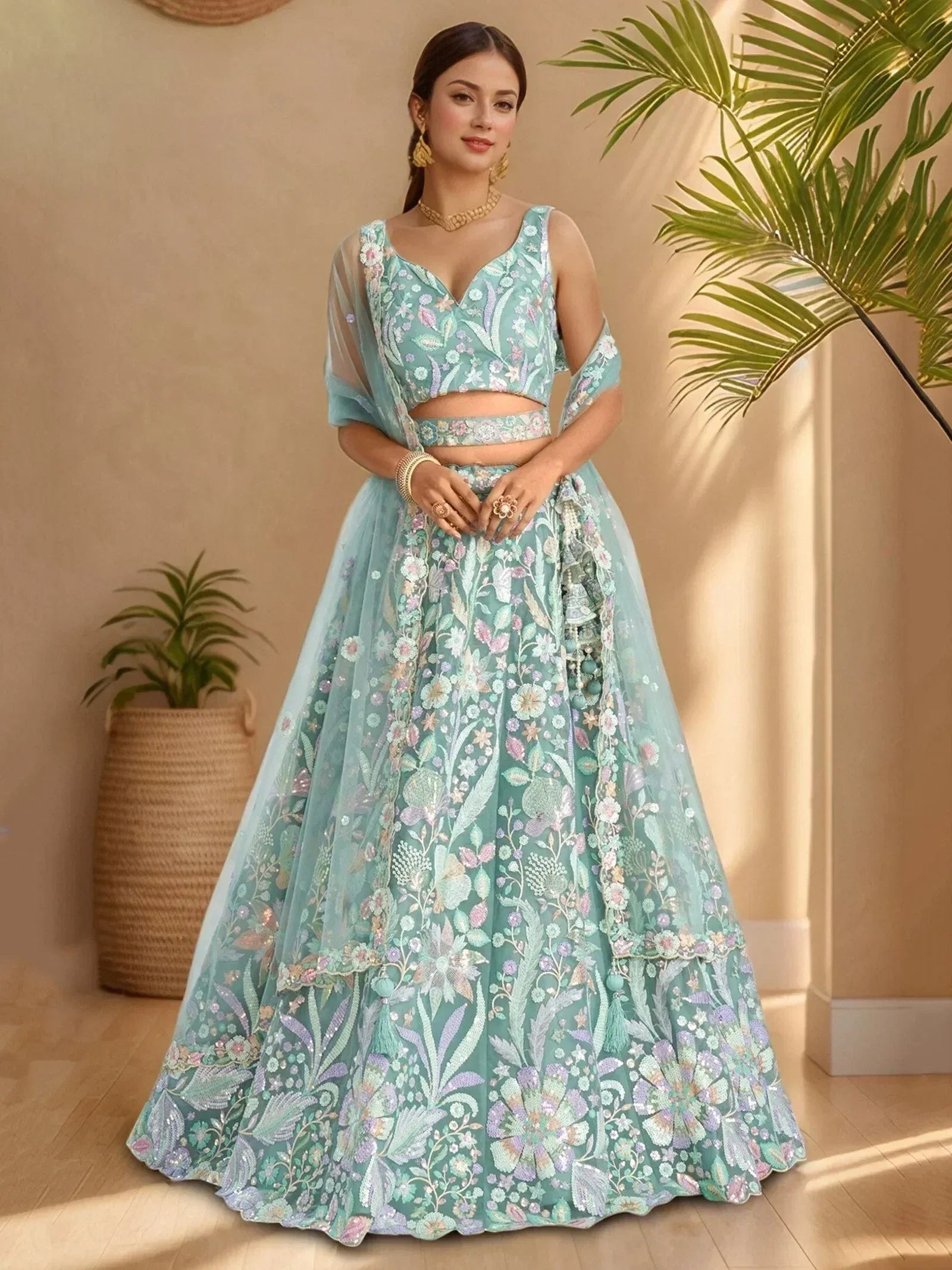 Tulsi Art Dazzling Sky-Blue Sequins Net Engagement Wear Lehenga Choli | Grocsy