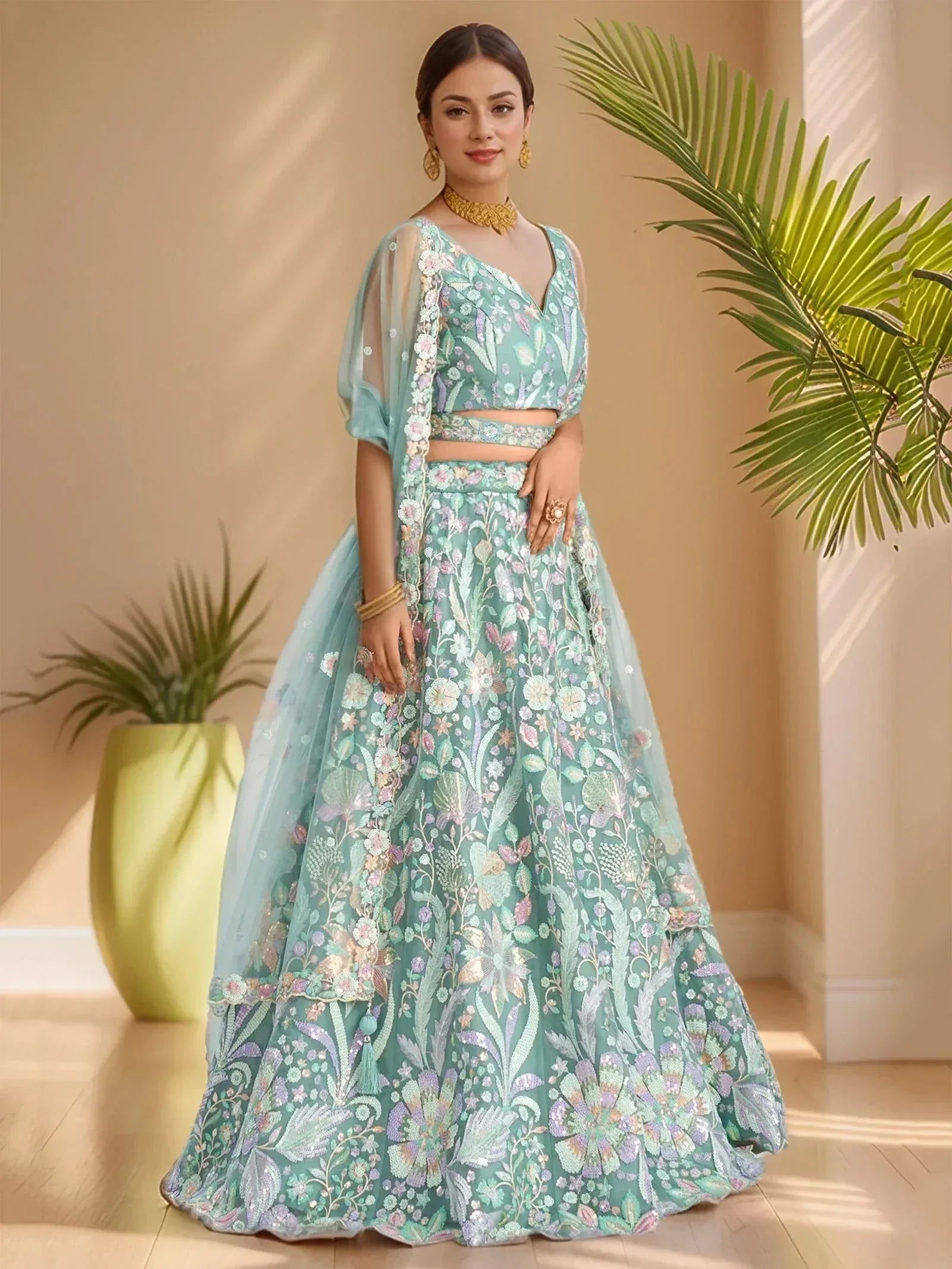 Tulsi Art Dazzling Sky-Blue Sequins Net Engagement Wear Lehenga Choli | Grocsy