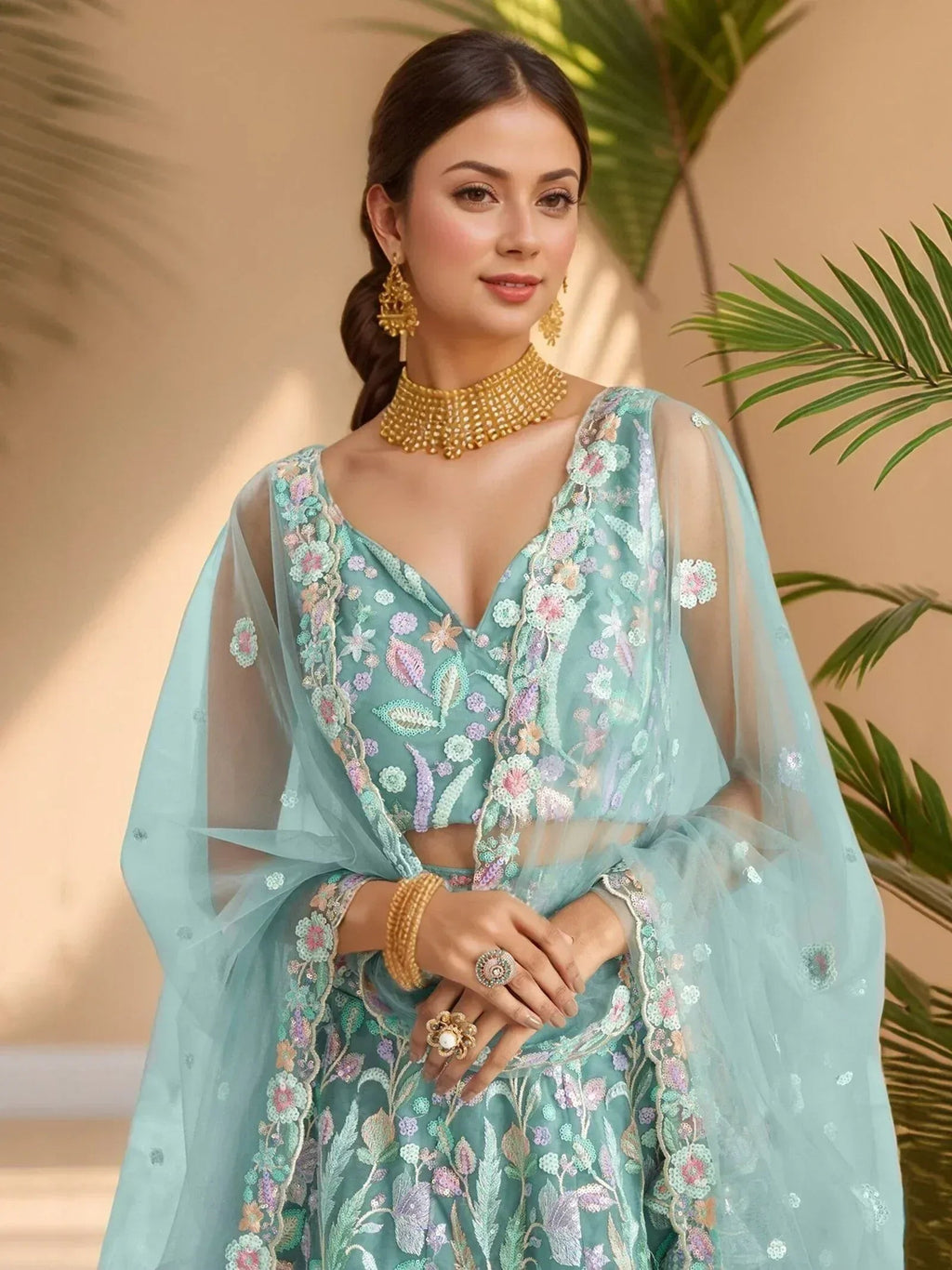 Tulsi Art Dazzling Sky-Blue Sequins Net Engagement Wear Lehenga Choli | Grocsy