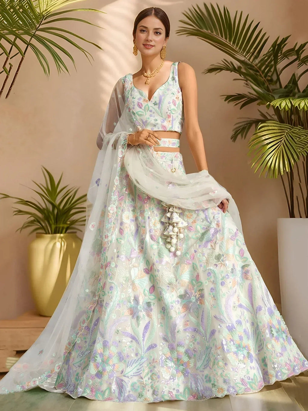 Tulsi Art Precious White Embroidered Net Bridesmaid Lehenga Choli With Dupatta | Grocsy