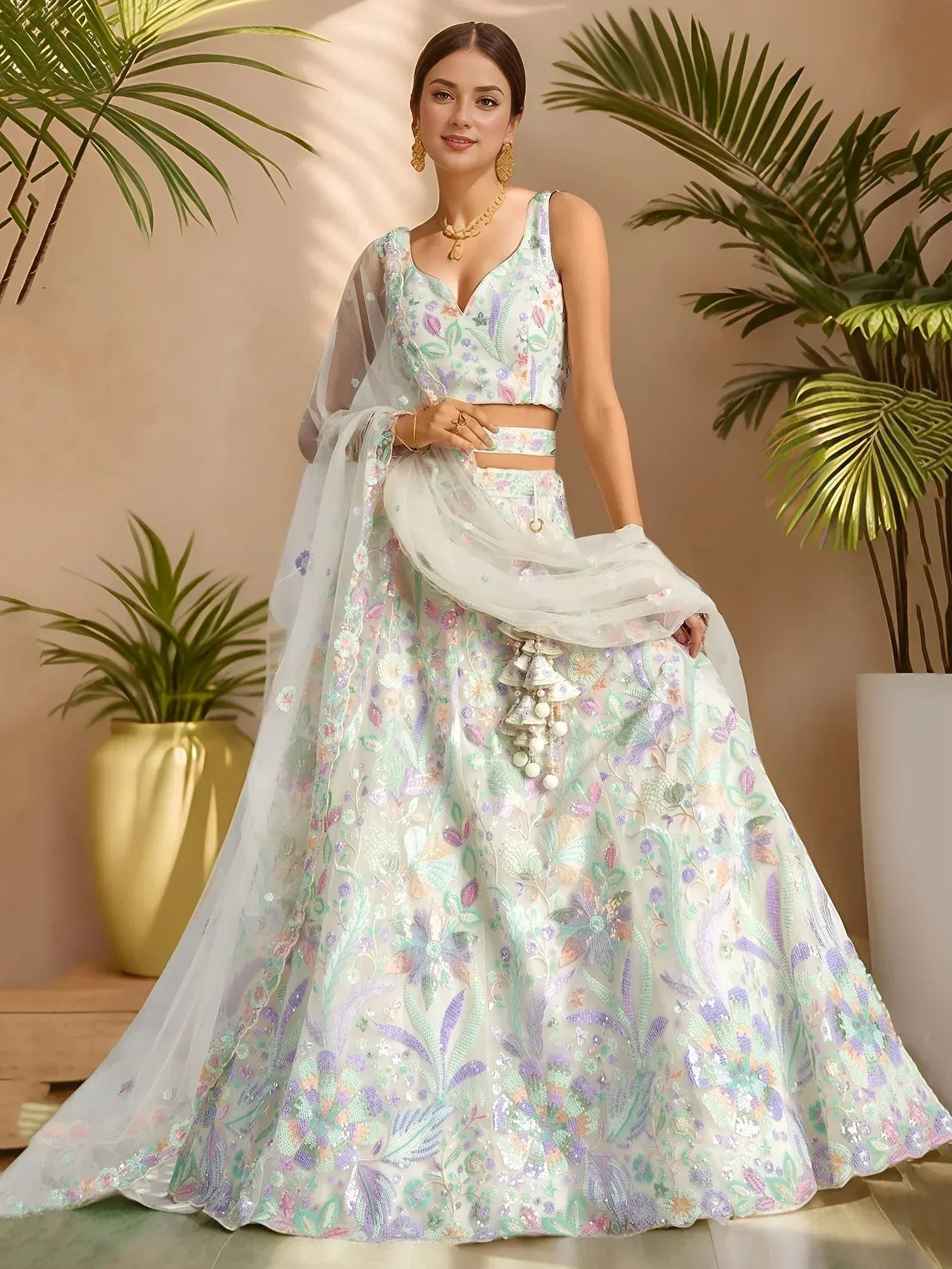Tulsi Art Precious White Embroidered Net Bridesmaid Lehenga Choli With Dupatta | Grocsy