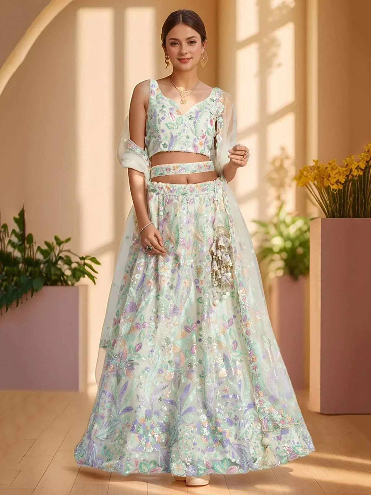 Tulsi Art Precious White Embroidered Net Bridesmaid Lehenga Choli With Dupatta | Grocsy