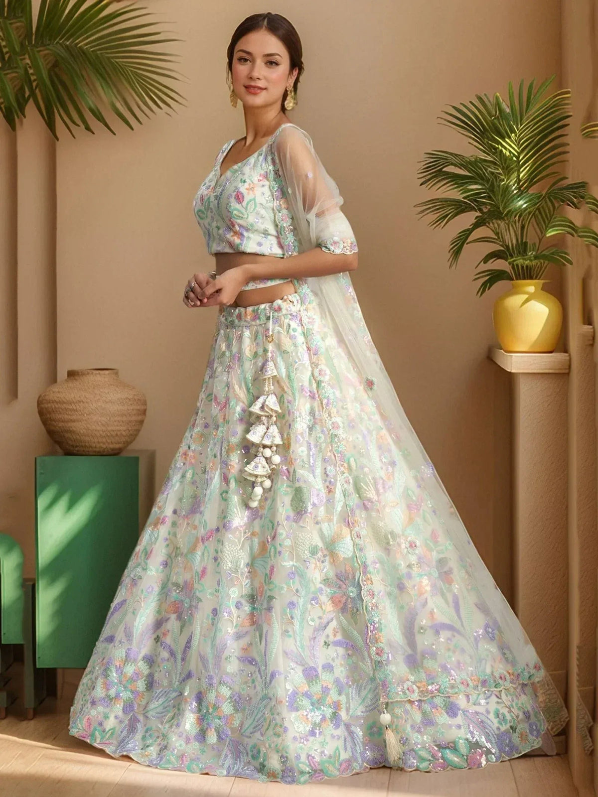 Tulsi Art Precious White Embroidered Net Bridesmaid Lehenga Choli With Dupatta | Grocsy