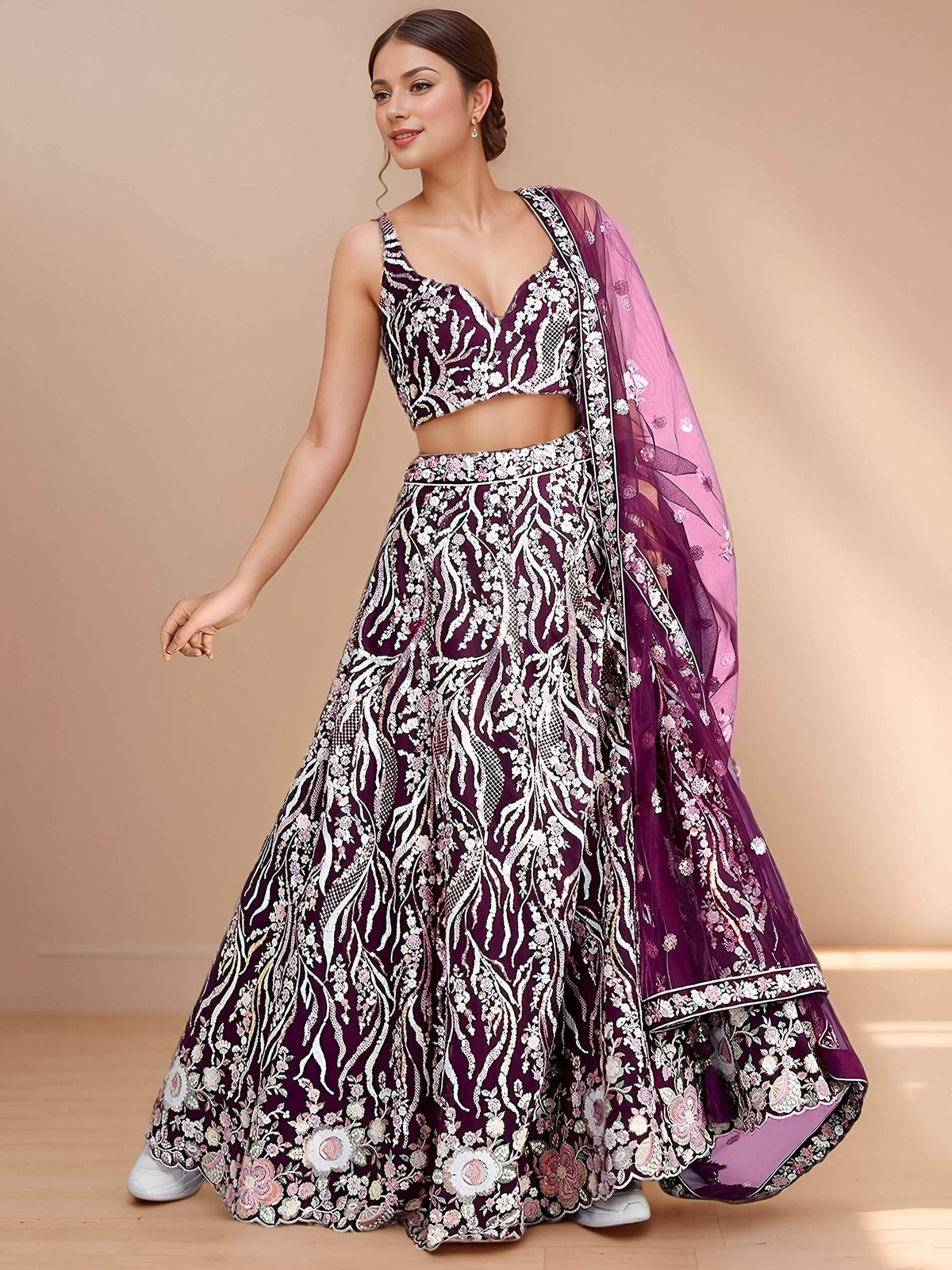 Tulsi Art Elegant Purple Sequins Net Reception Wear Lehenga Choli With Dupatta | Grocsy