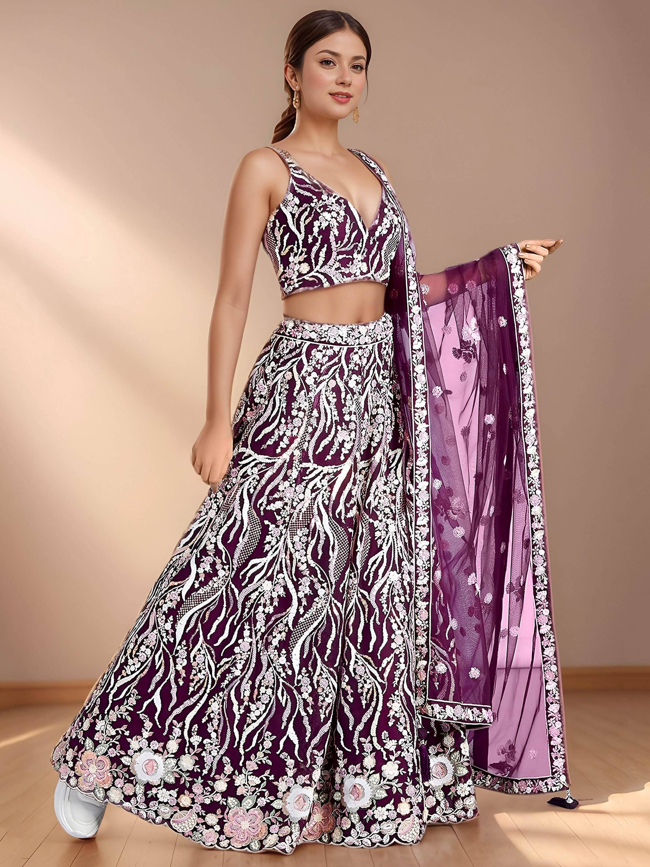 Tulsi Art Elegant Purple Sequins Net Reception Wear Lehenga Choli With Dupatta | Grocsy