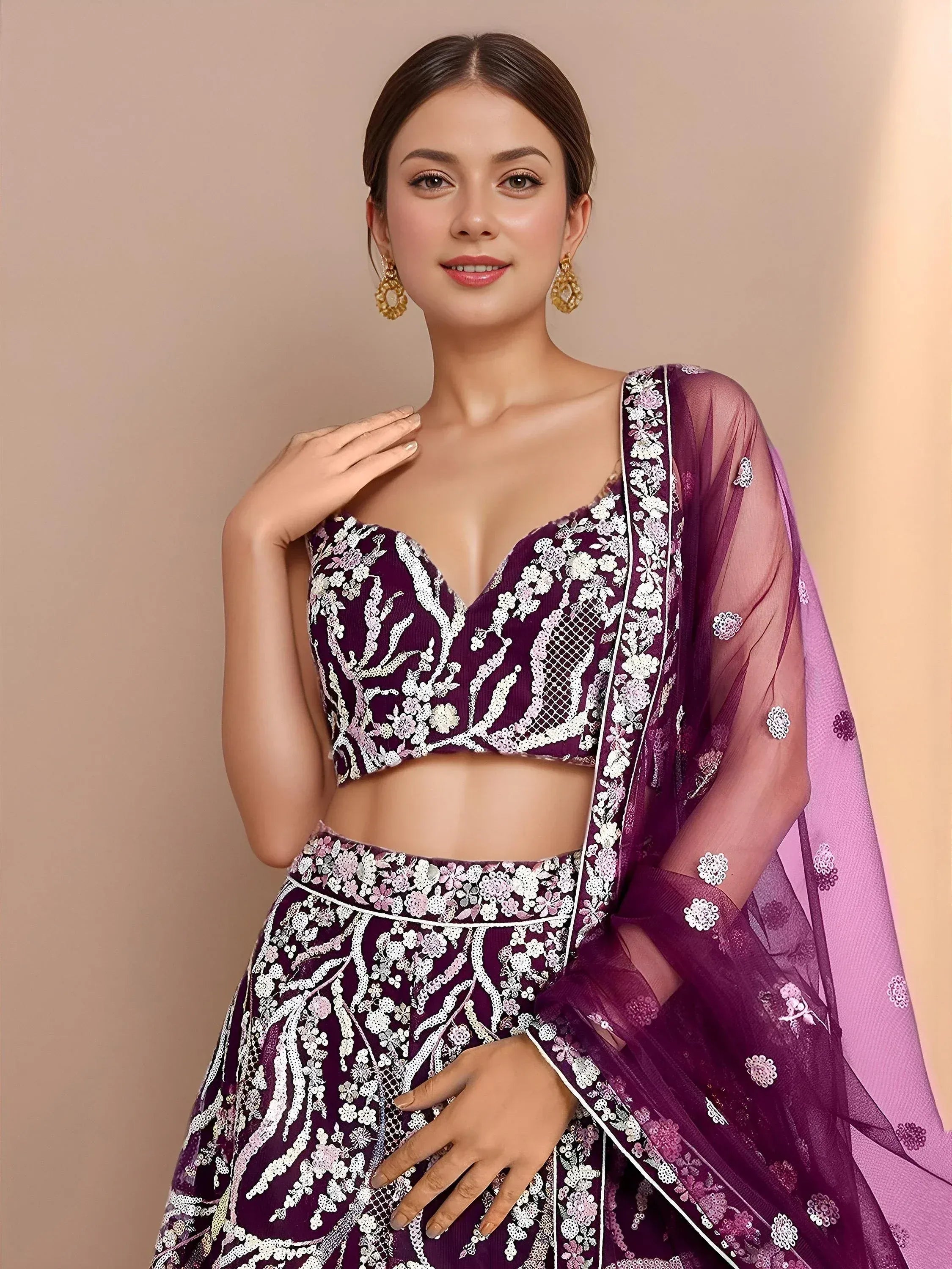 Tulsi Art Elegant Purple Sequins Net Reception Wear Lehenga Choli With Dupatta | Grocsy