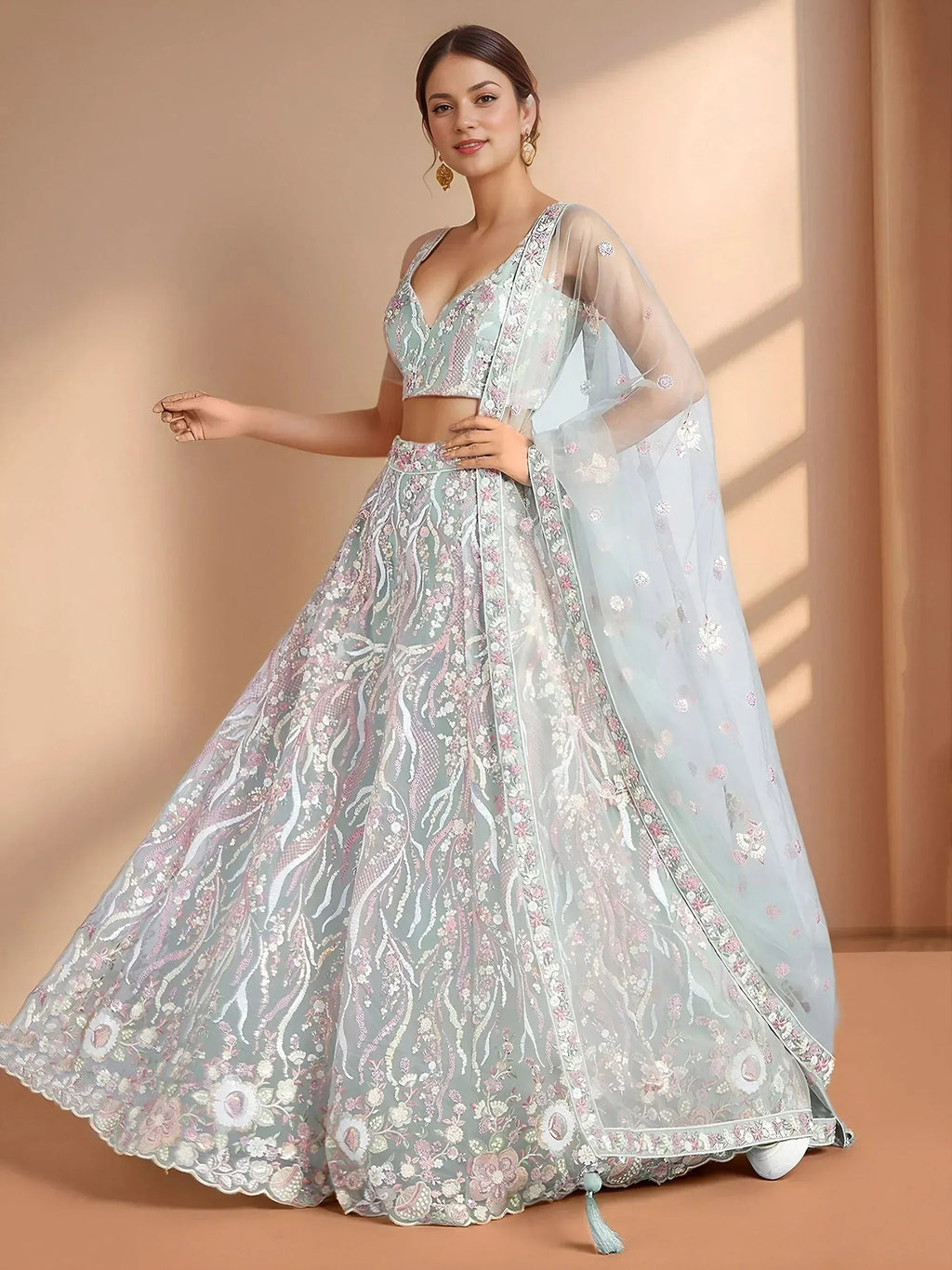 Tulsi Art Stunning Sky-Blue Sequins Net Engagement Wear Lehenga Choli With Dupatta | Grocsy