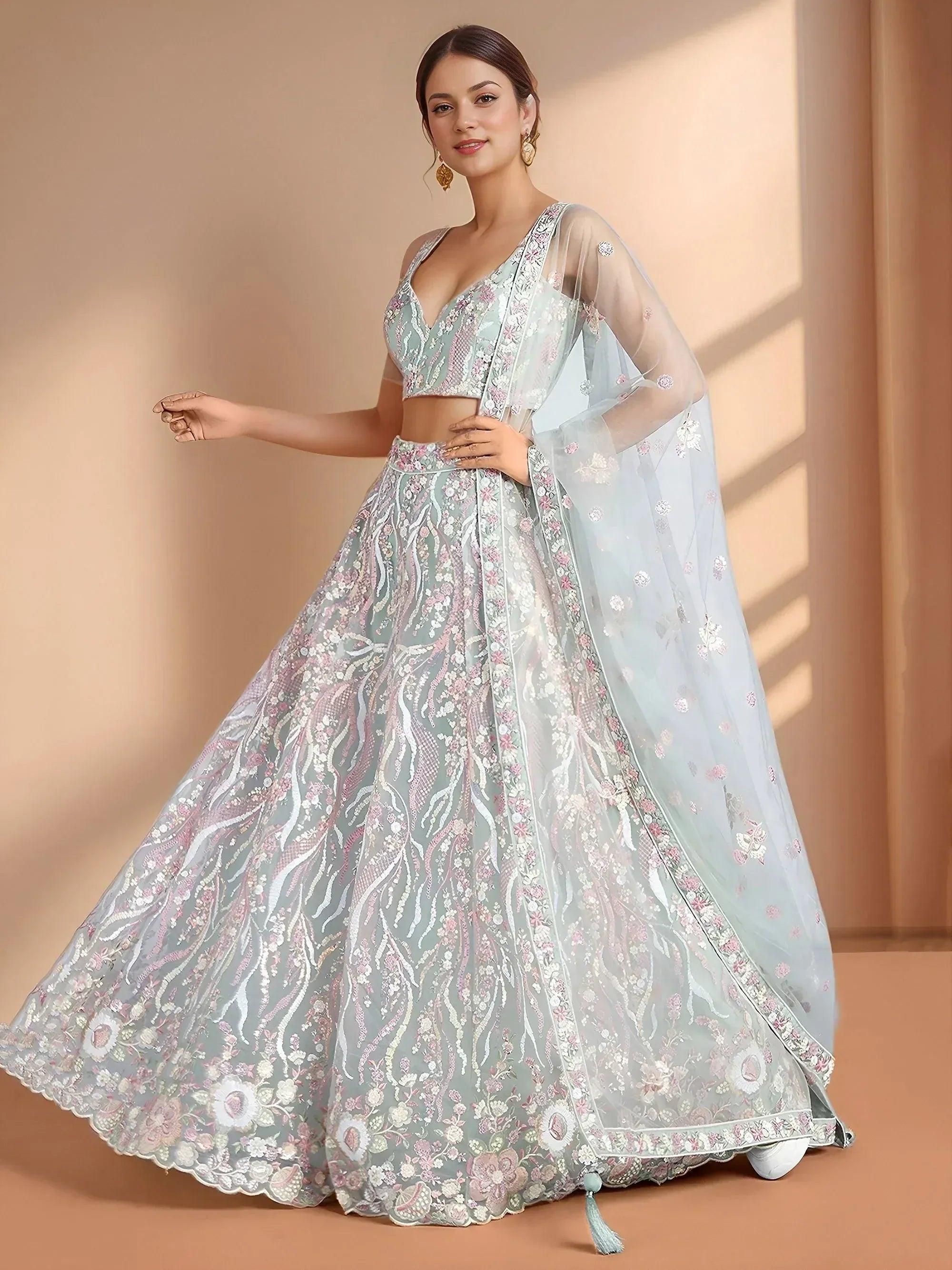 Tulsi Art Stunning Sky-Blue Sequins Net Engagement Wear Lehenga Choli With Dupatta | Grocsy