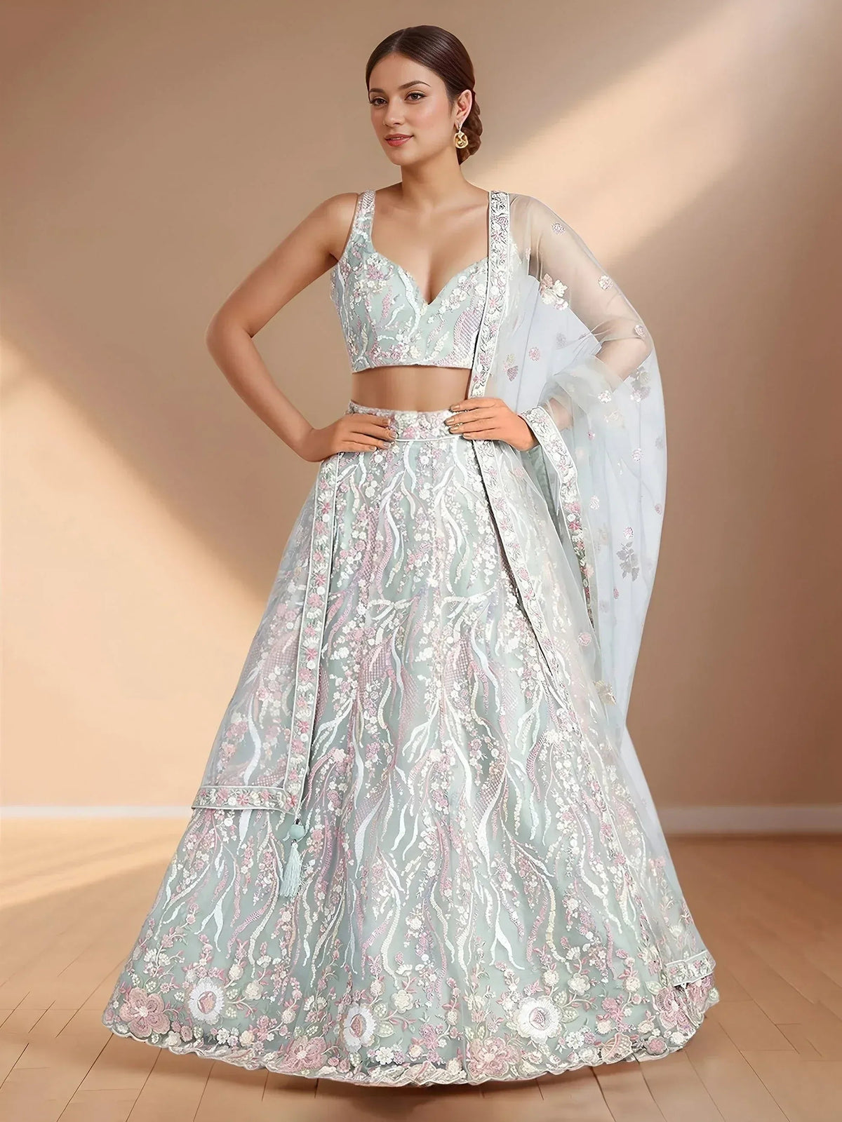Tulsi Art Stunning Sky-Blue Sequins Net Engagement Wear Lehenga Choli With Dupatta | Grocsy