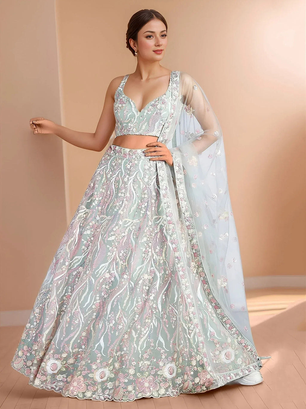 Tulsi Art Stunning Sky-Blue Sequins Net Engagement Wear Lehenga Choli With Dupatta | Grocsy