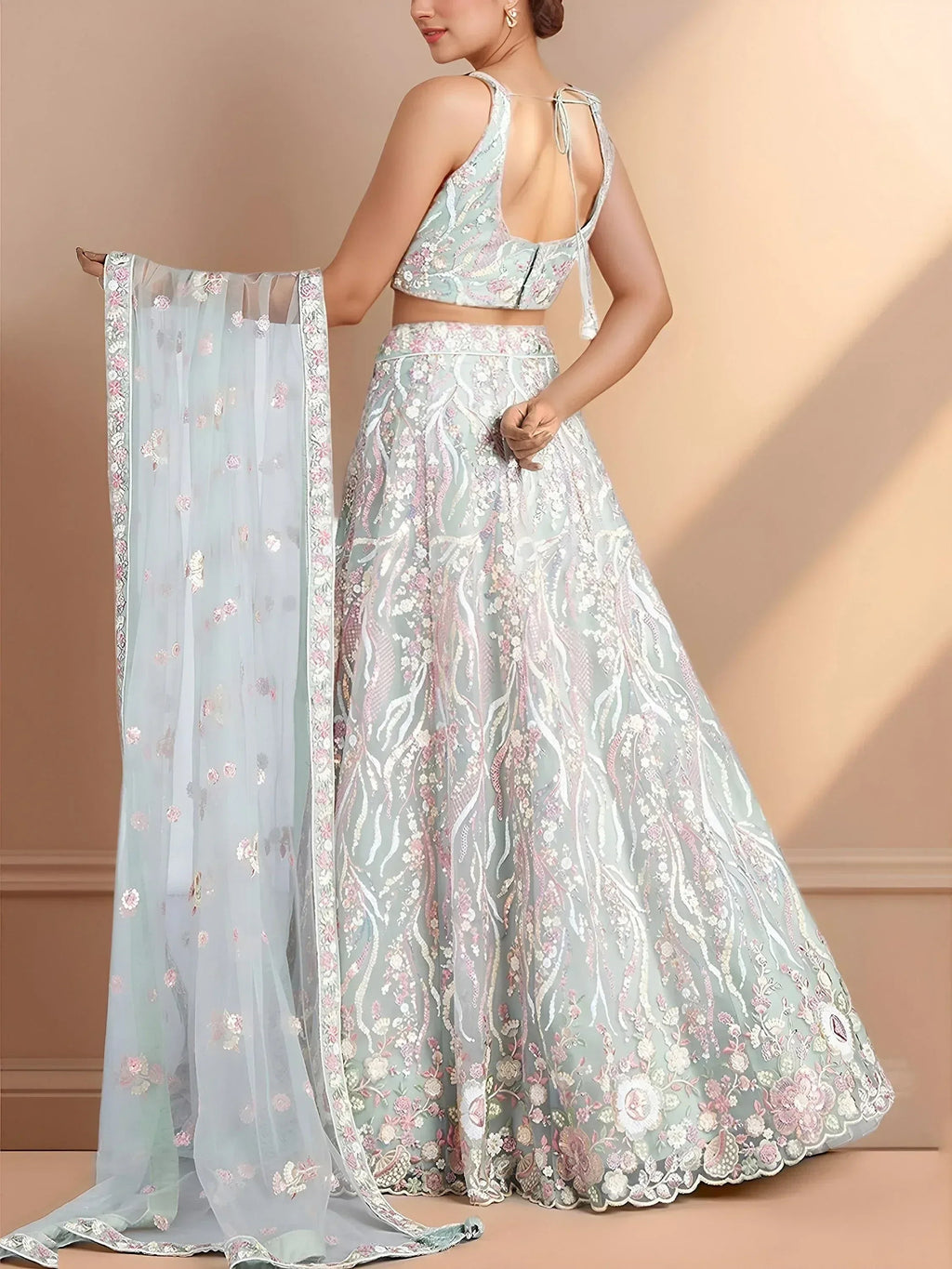 Tulsi Art Stunning Sky-Blue Sequins Net Engagement Wear Lehenga Choli With Dupatta | Grocsy