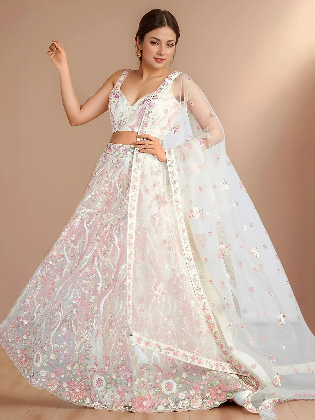 Tulsi Art Wonderful White Sequins Net Bridesmaid Lehenga Choli With Dupatta | Grocsy