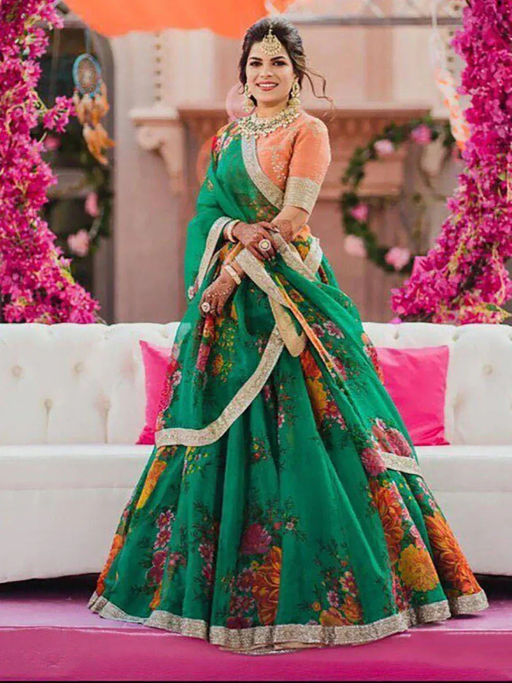 Tulsi Art Green-Orange Floral Digital Printed Organza Bridal Lehenga Choli | Grocsy