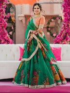 Tulsi Art Green-Orange Floral Digital Printed Organza Bridal Lehenga Choli | Grocsy