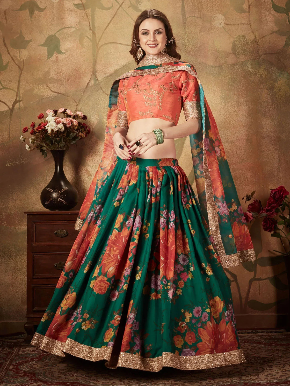 Tulsi Art Green-Orange Floral Digital Printed Organza Bridal Lehenga Choli | Grocsy