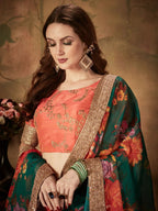Tulsi Art Green-Orange Floral Digital Printed Organza Bridal Lehenga Choli | Grocsy