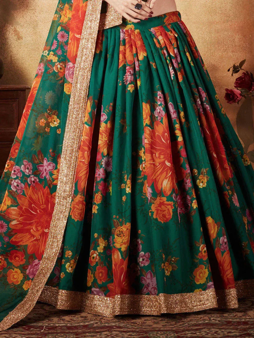 Tulsi Art Green-Orange Floral Digital Printed Organza Bridal Lehenga Choli | Grocsy