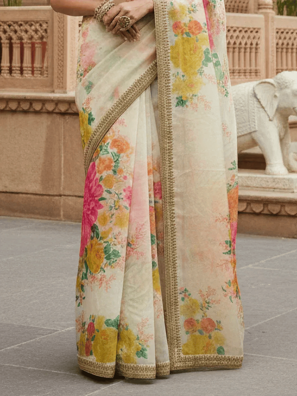 Tulsi Art Beautiful Off White Floral Printed Organza Festival Wear Saree With Blouse | Grocsy