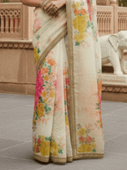 Tulsi Art Beautiful Off White Floral Printed Organza Festival Wear Saree With Blouse | Grocsy