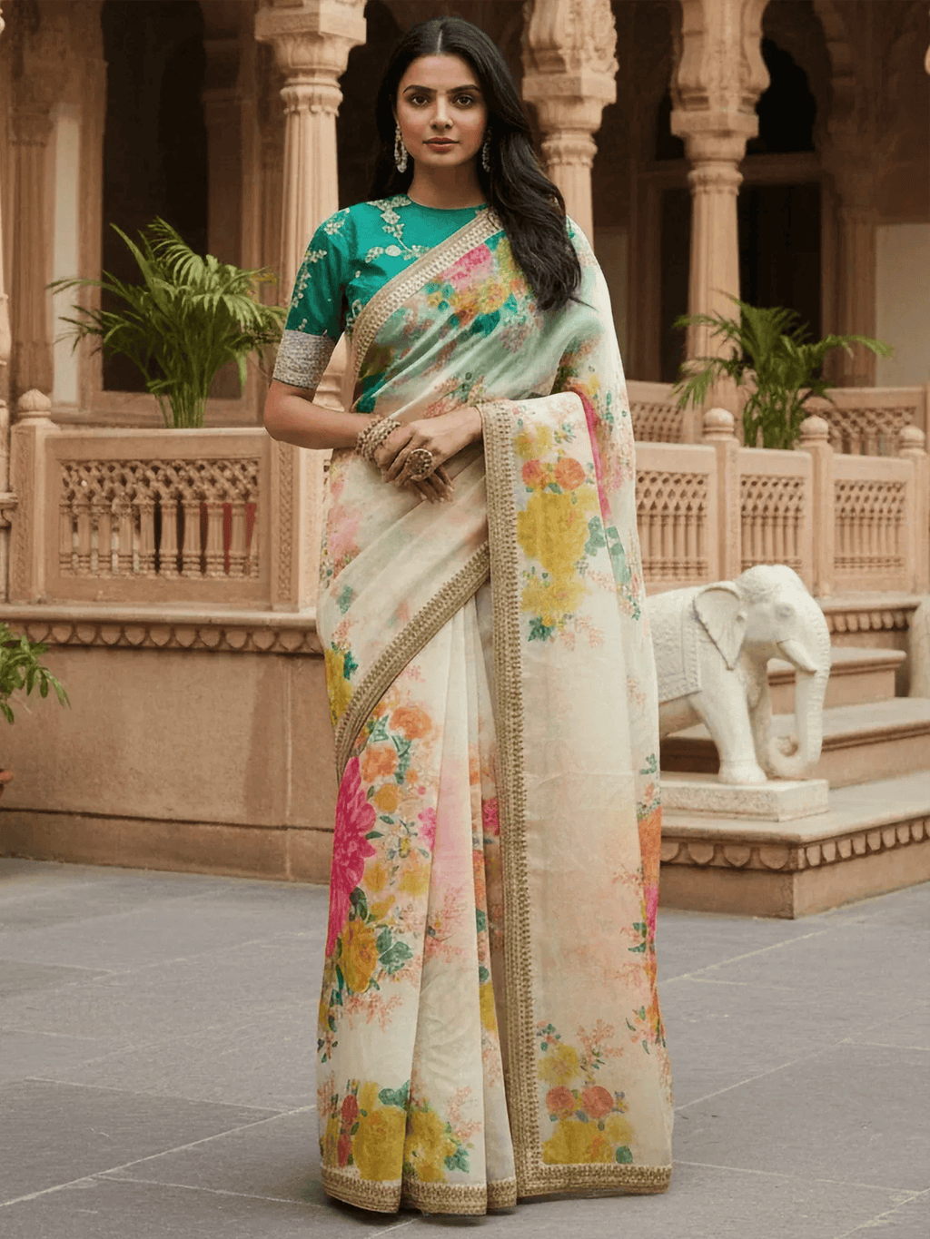 Tulsi Art Beautiful Off White Floral Printed Organza Festival Wear Saree With Blouse | Grocsy