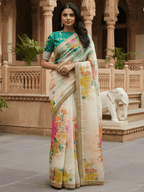Tulsi Art Beautiful Off White Floral Printed Organza Festival Wear Saree With Blouse | Grocsy