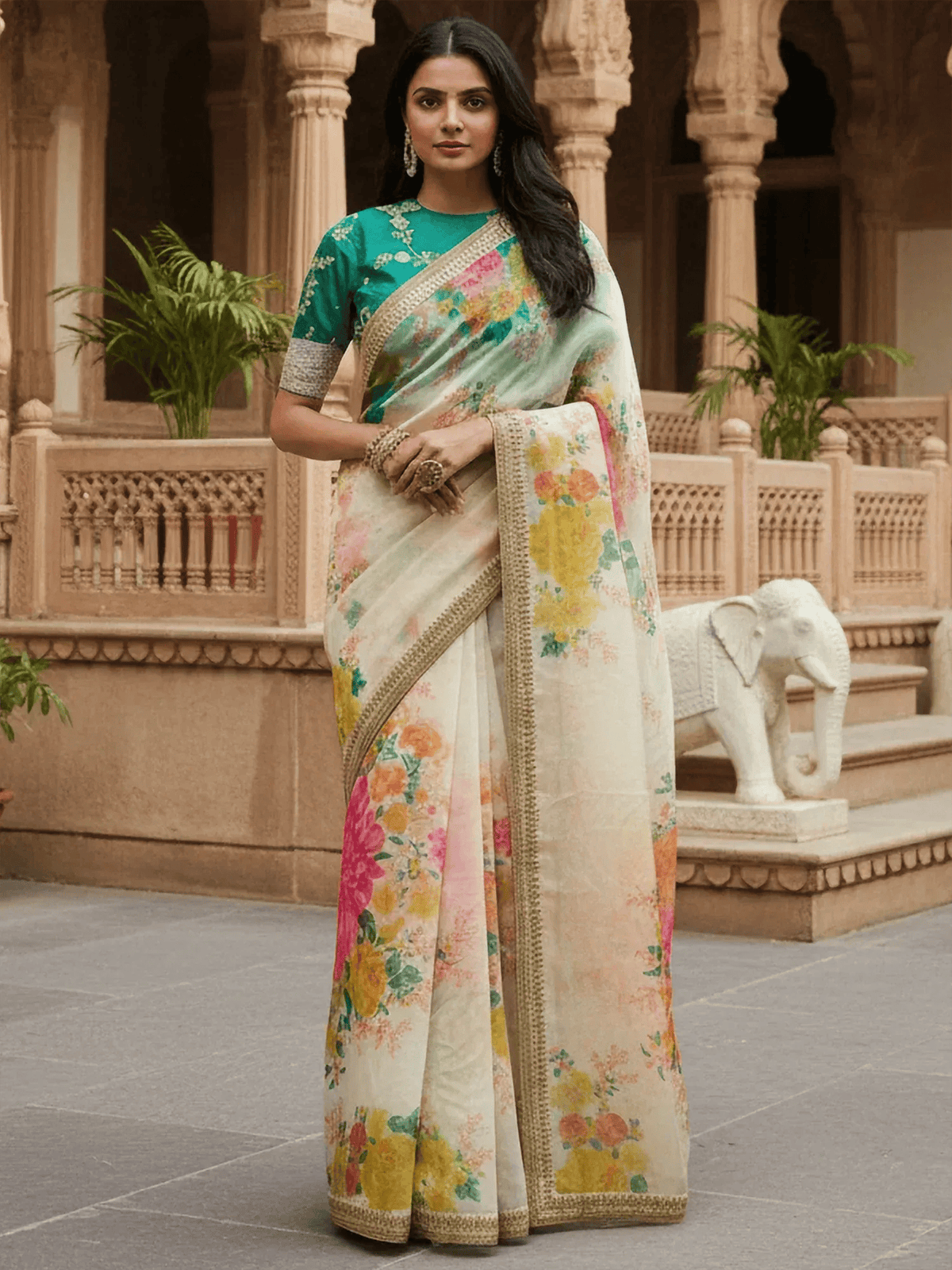 Tulsi Art Beautiful Off White Floral Printed Organza Festival Wear Saree With Blouse | Grocsy