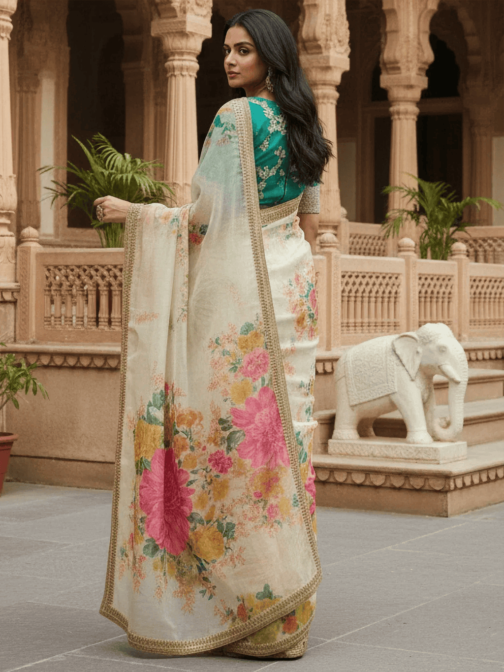 Tulsi Art Beautiful Off White Floral Printed Organza Festival Wear Saree With Blouse | Grocsy