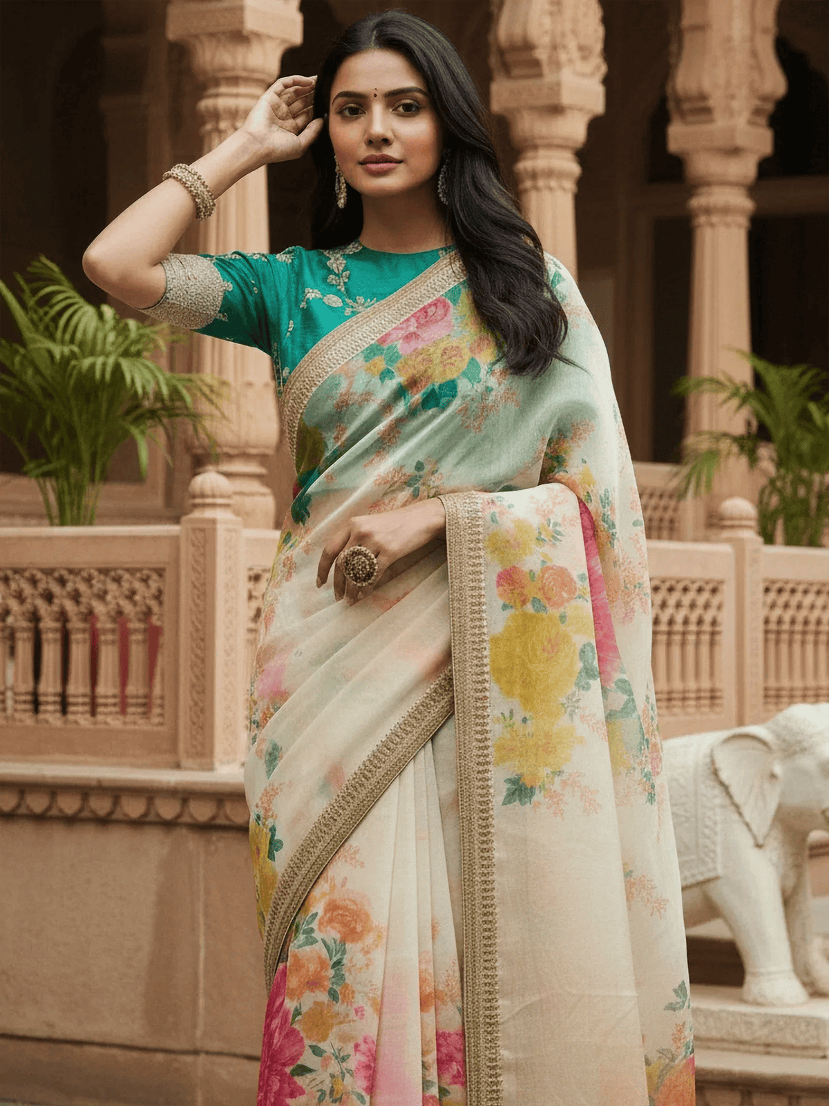 Tulsi Art Beautiful Off White Floral Printed Organza Festival Wear Saree With Blouse | Grocsy
