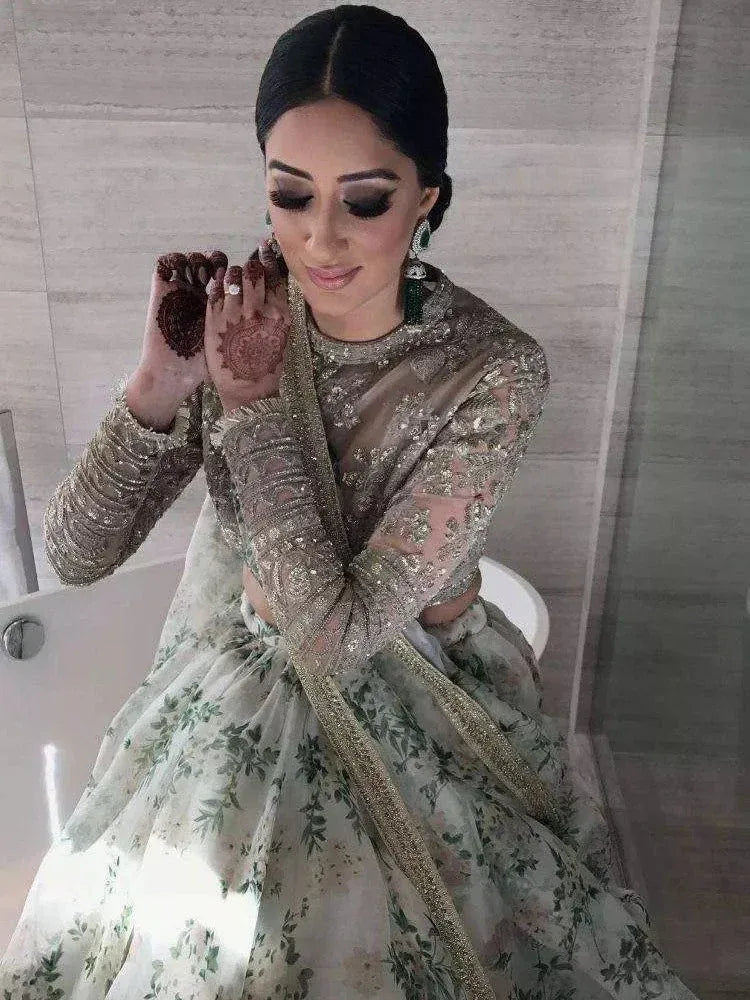 Tulsi Art White Floral Printed Organza Silk Bridal Lehenga Choli | Grocsy