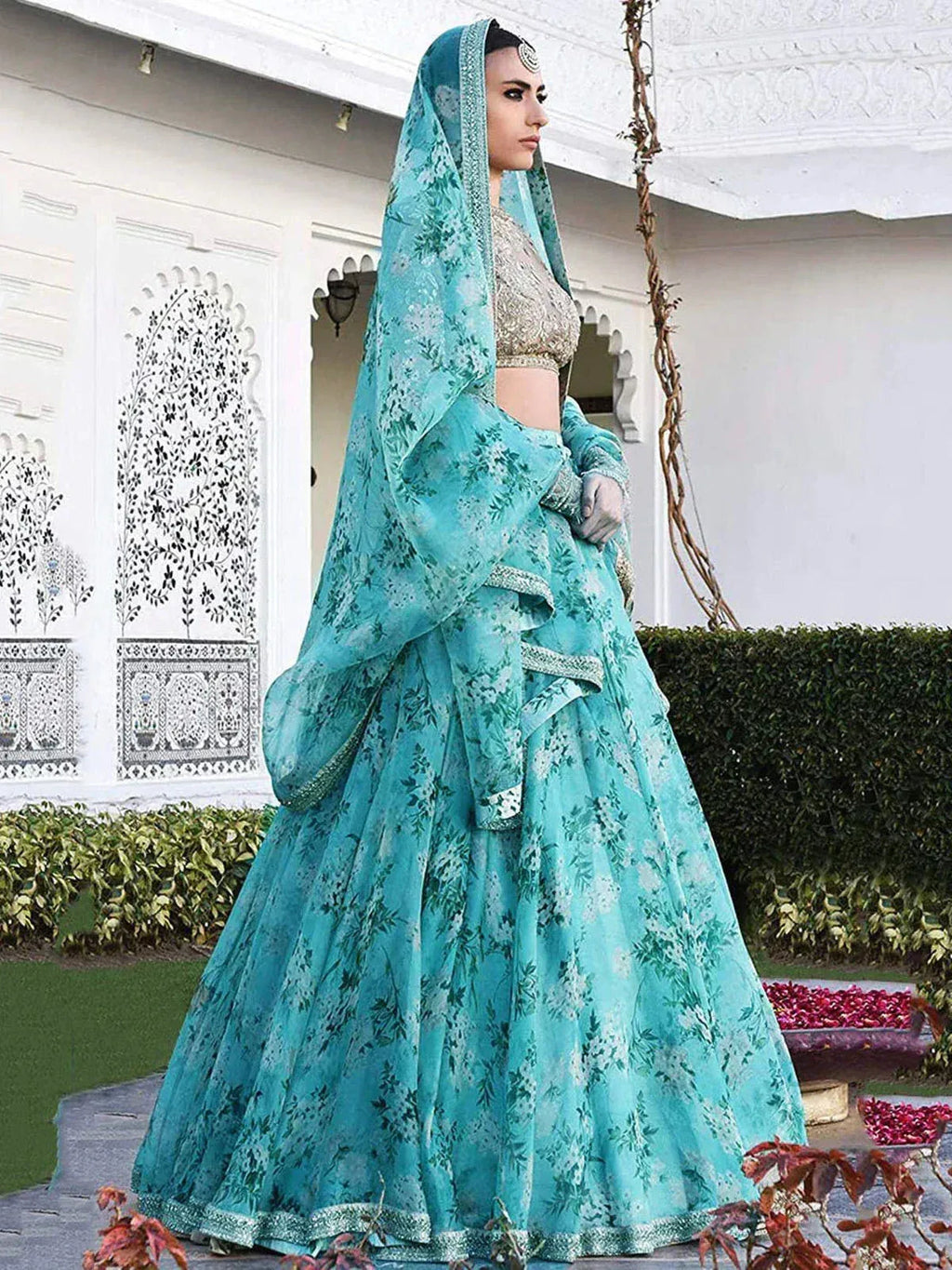 Tulsi Art Sky Blue Floral Organza Bridal Lehenga Choli | Grocsy