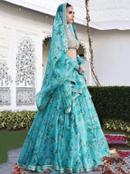 Tulsi Art Sky Blue Floral Organza Bridal Lehenga Choli | Grocsy