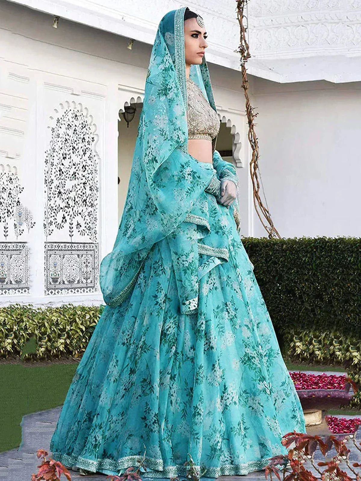 Tulsi Art Sky Blue Floral Organza Bridal Lehenga Choli | Grocsy