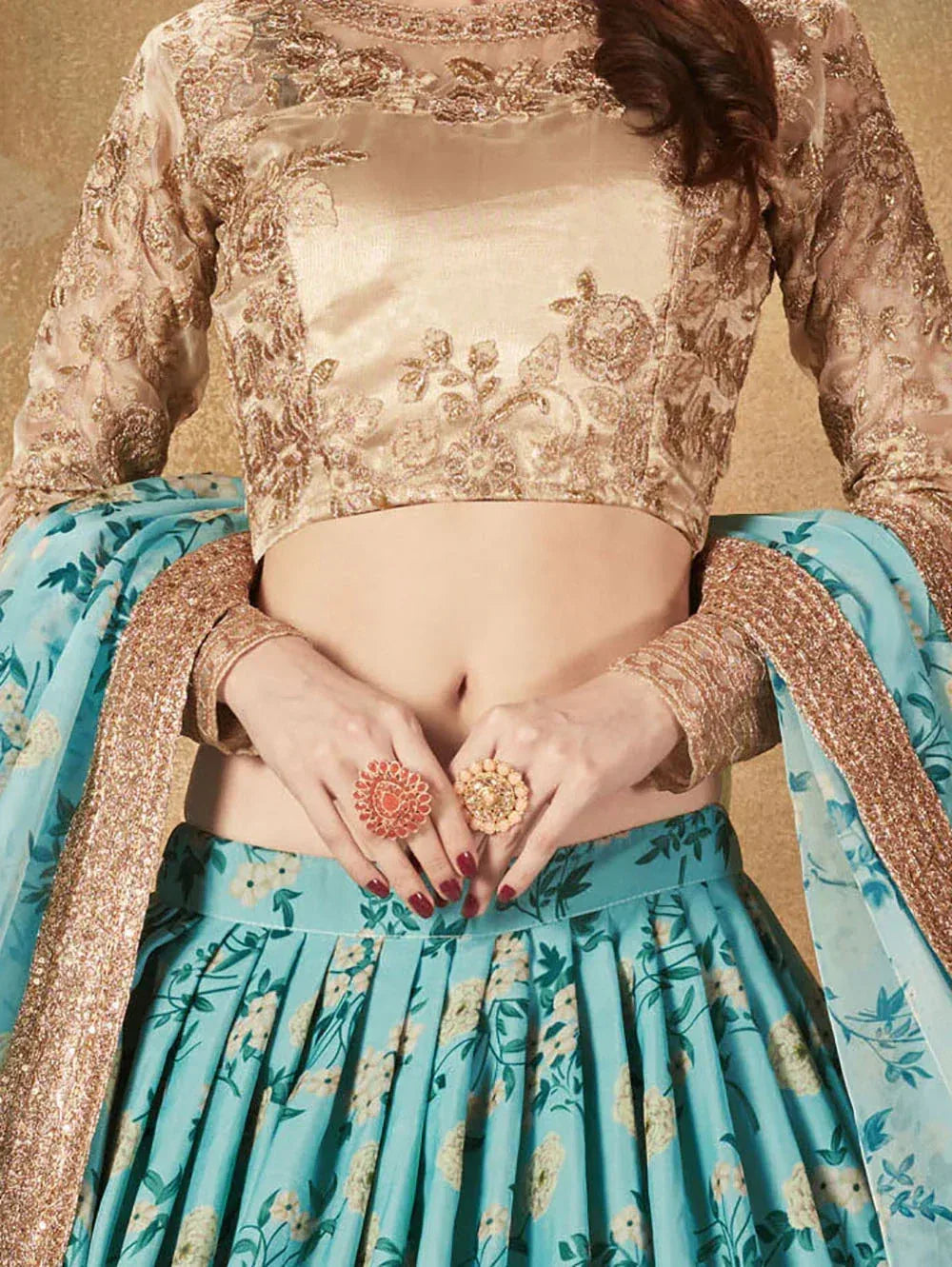 Tulsi Art Sky Blue Floral Organza Bridal Lehenga Choli | Grocsy