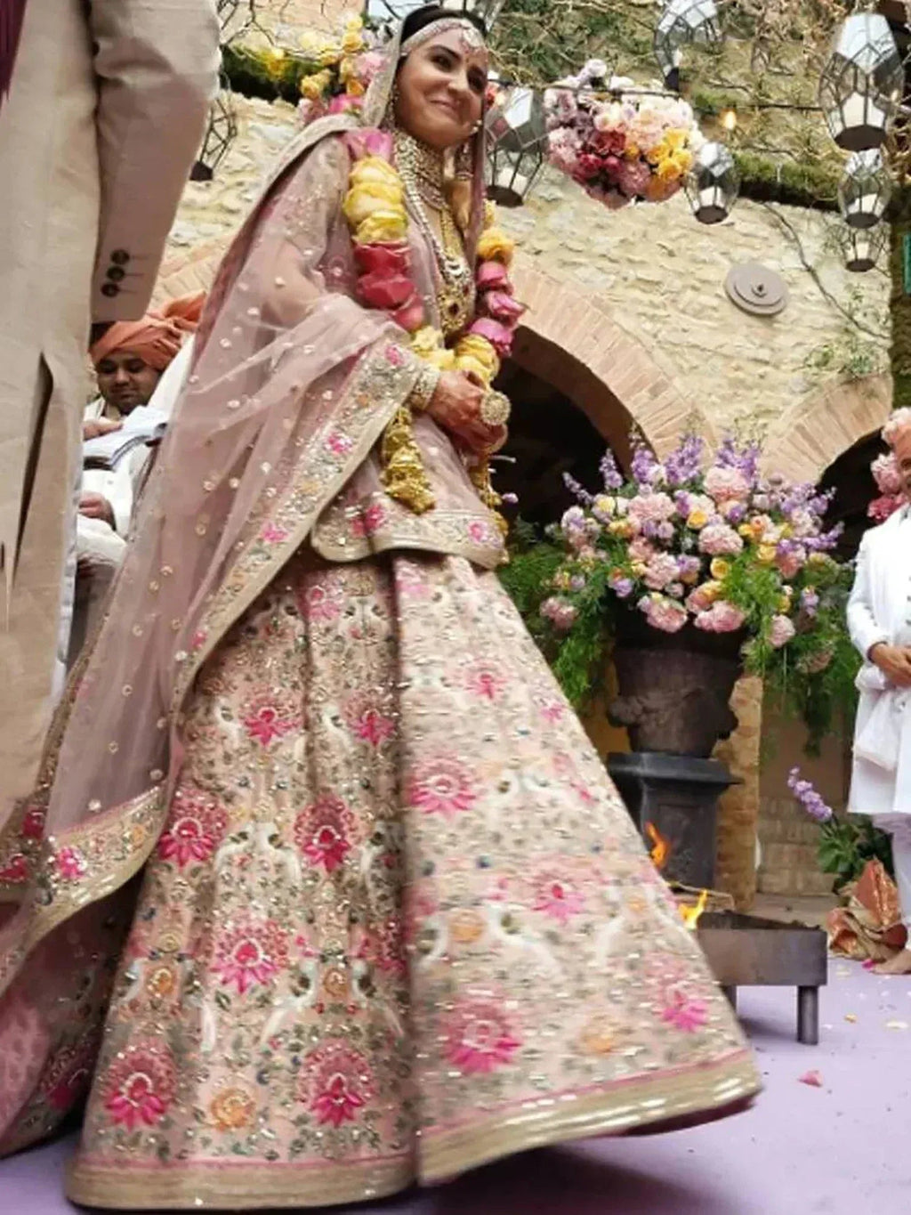 Tulsi Art Anushka Sharma Peach Embroidered Taffeta Silk Bridal Wear Lehenga Choli | Grocsy