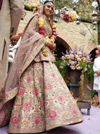 Tulsi Art Anushka Sharma Peach Embroidered Taffeta Silk Bridal Wear Lehenga Choli | Grocsy