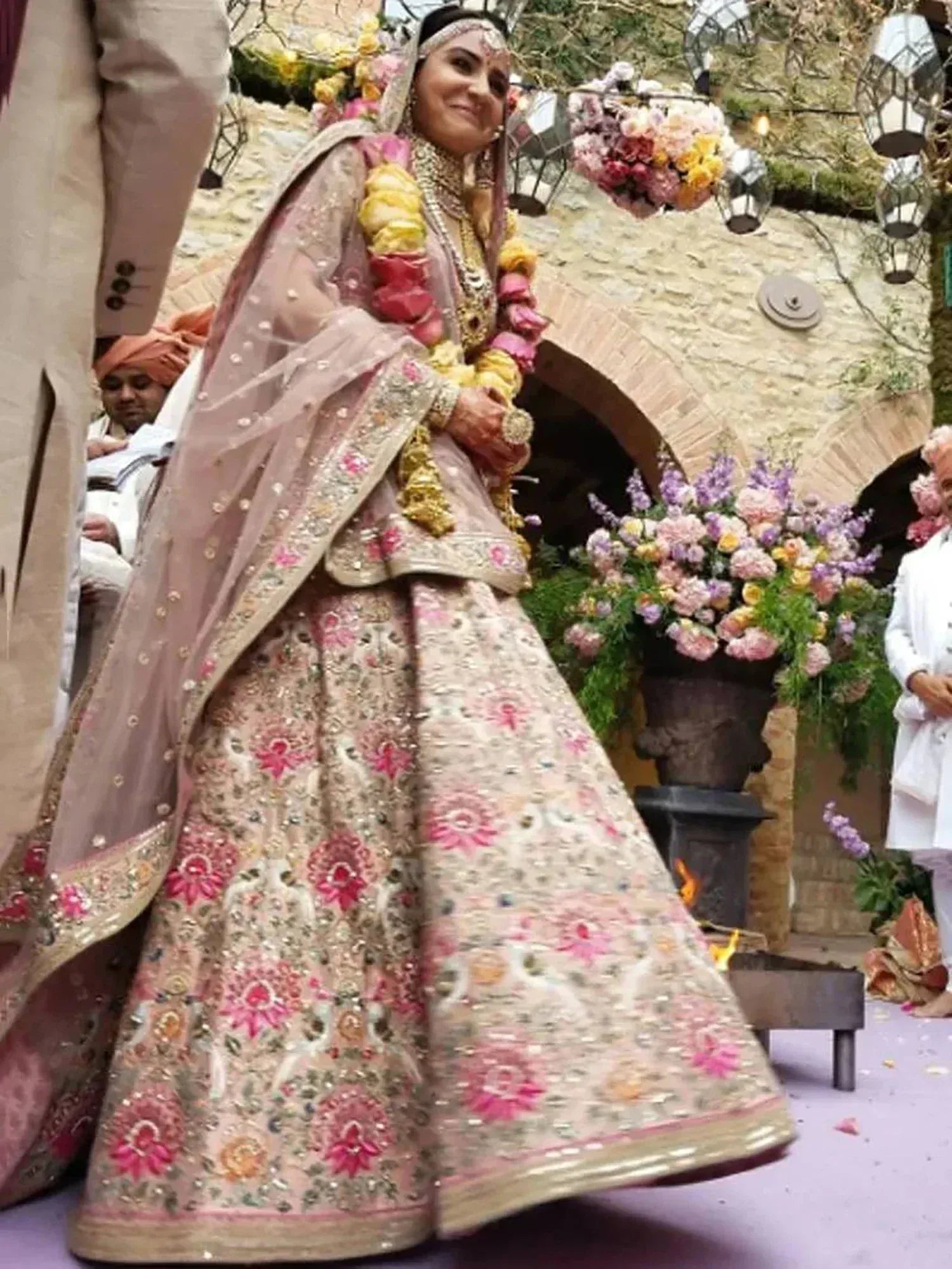 Tulsi Art Anushka Sharma Peach Embroidered Taffeta Silk Bridal Wear Lehenga Choli | Grocsy